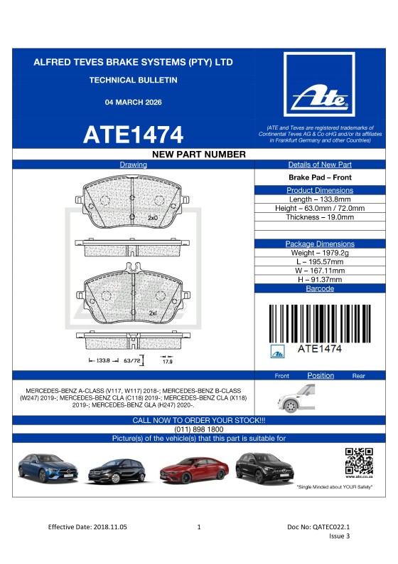 ATE1474 NEW! Brake Pad for Mercedes-Benz A-Class, Mercedes-Benz B-Class, Mercedes-Benz CLA, Mercedes-Benz GLA  featured image